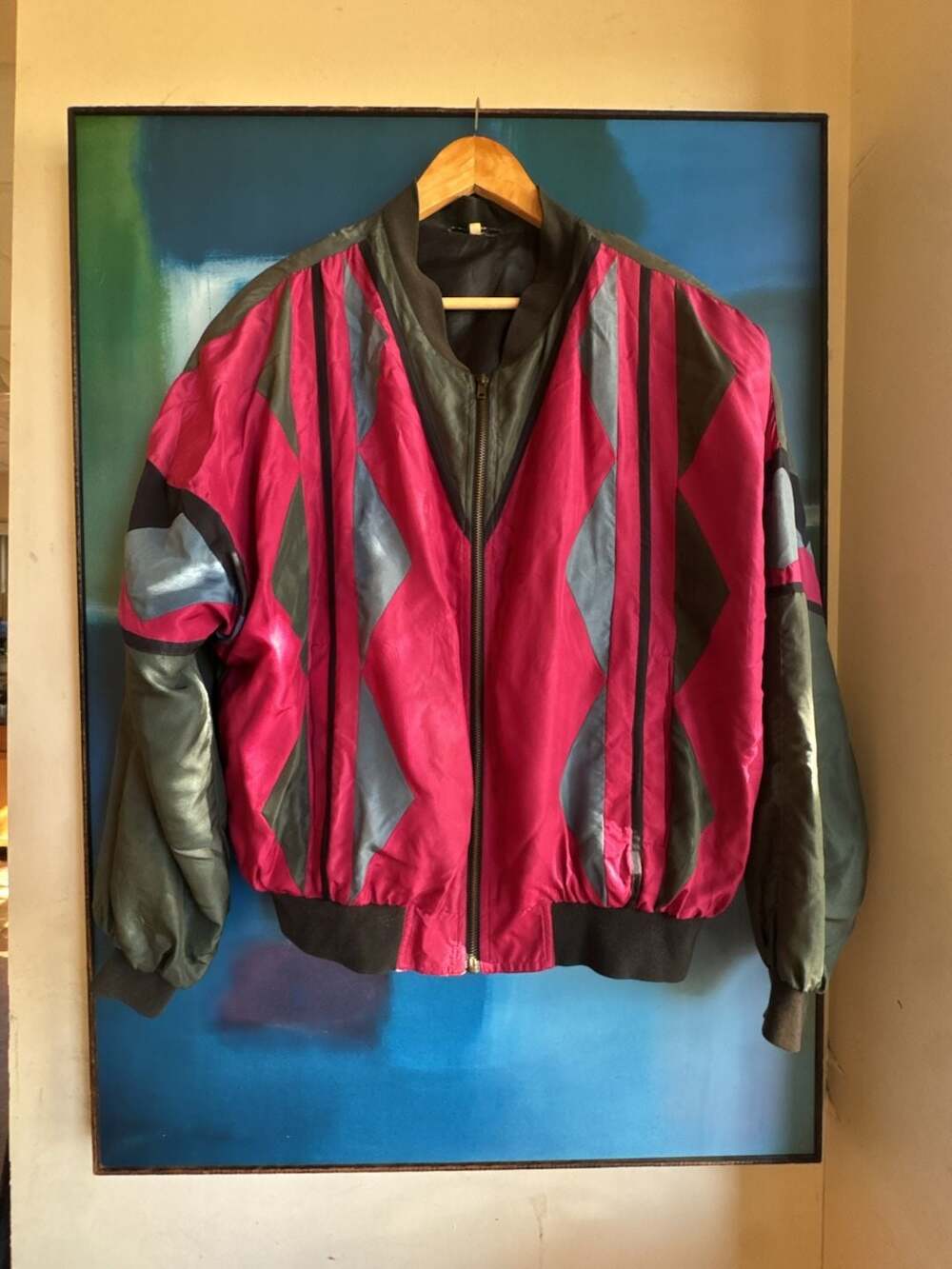 C&A Vintage Colorblock Silk Bomber Jacket Pink Multi 80s 90s